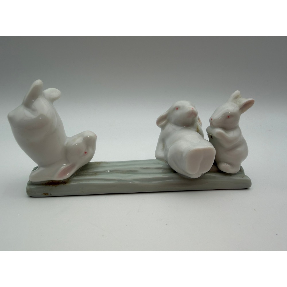 Vintage Ceramic White Rabbits on Log Figurine Three Playful Bunnies Decor